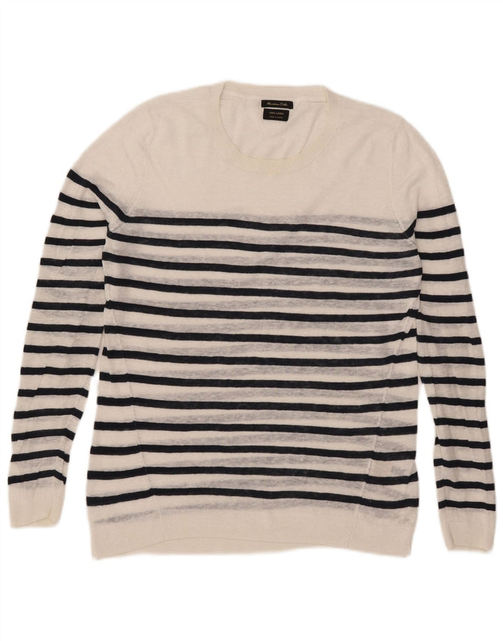 Massimo Dutti Womens Crew Neck Jumper Sweater UK 16 Large White Striped