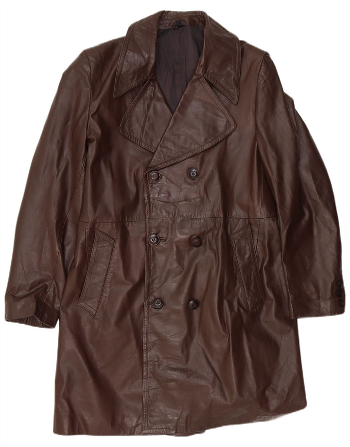Vintage Mens Double Breasted Leather Coat UK 36 Small Brown