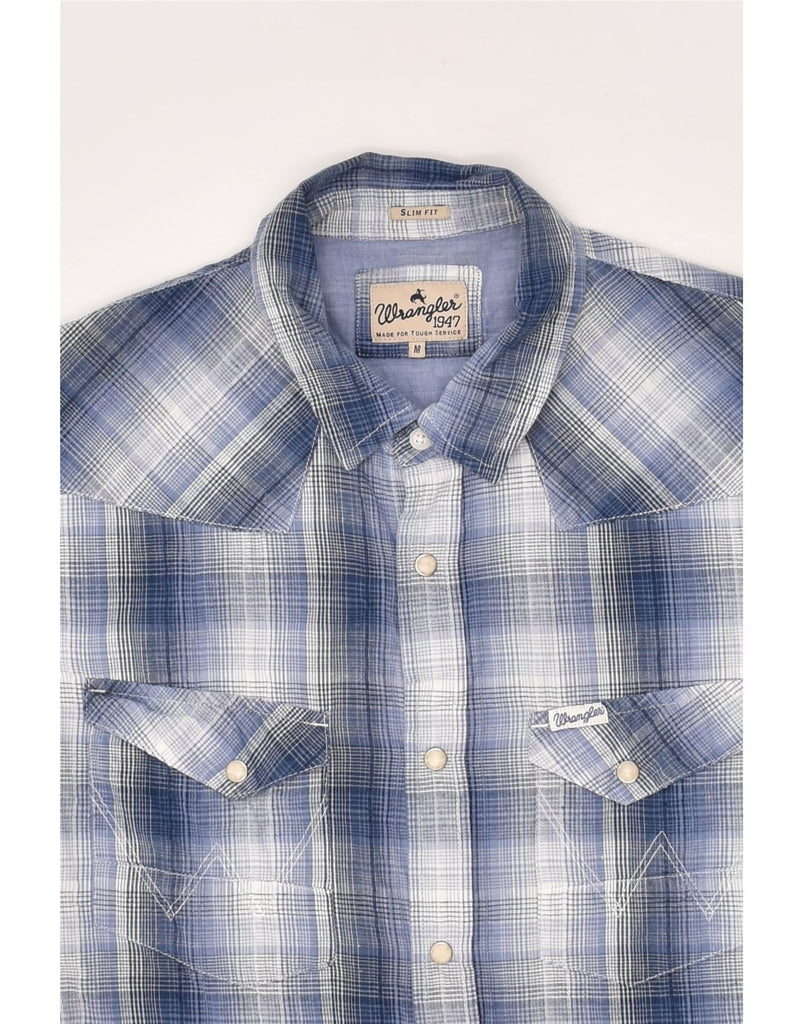 WRANGLER Mens Slim Fit Short Sleeve Shirt Medium Blue Check Cotton | Vintage Wrangler | Thrift | Second-Hand Wrangler | Used Clothing | Messina Hembry 