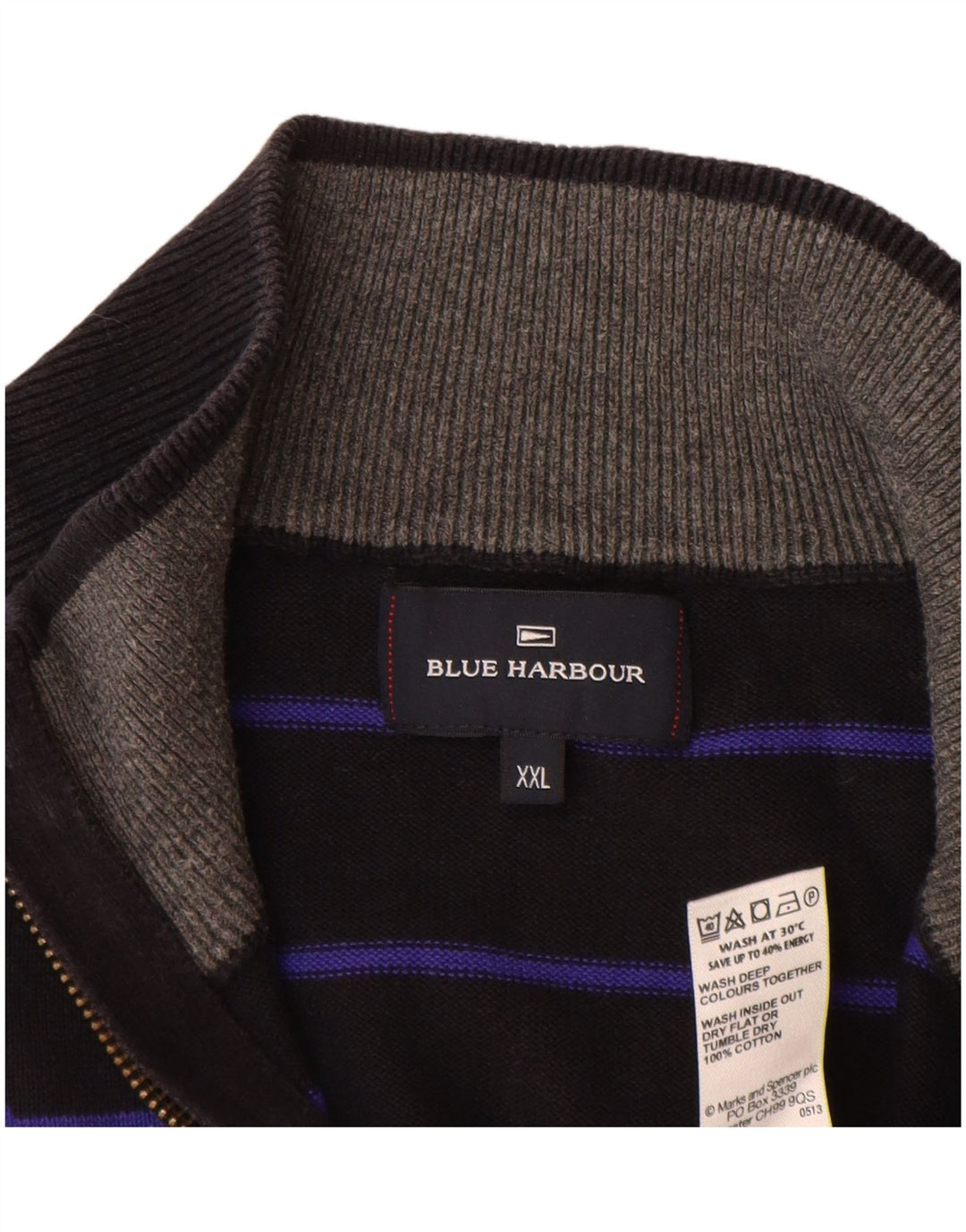 Marks & Spencer Mens Blue Harbour Zip Neck Jumper Sweater 2XL Black Striped