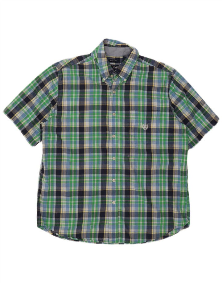Chaps Mens Easy Care Short Sleeve Shirt Large Green Check Cotton