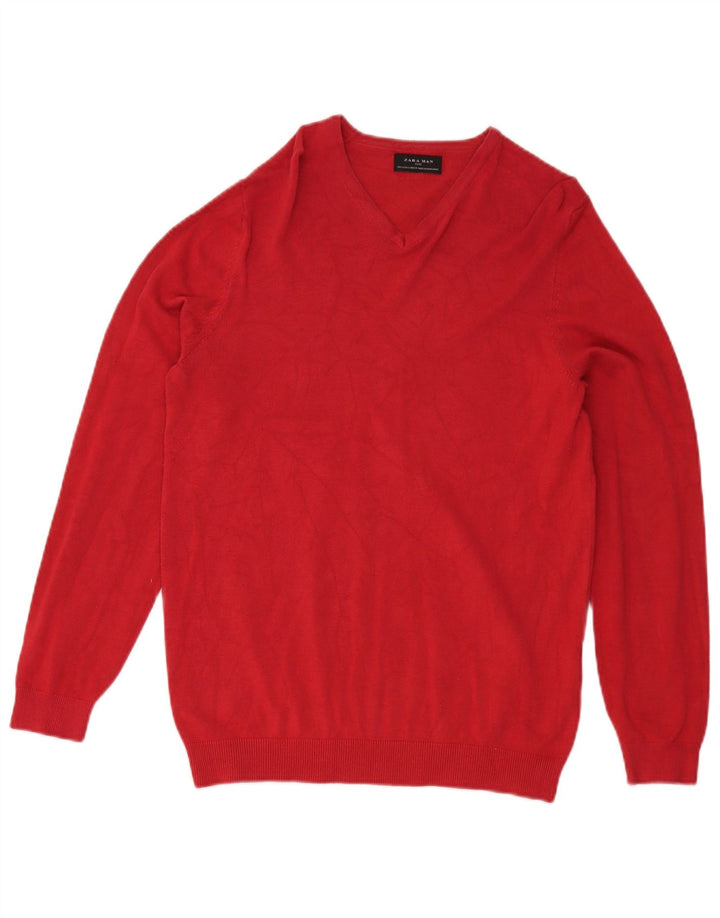 Zara Mens V-Neck Jumper Sweater Small Red Viscose