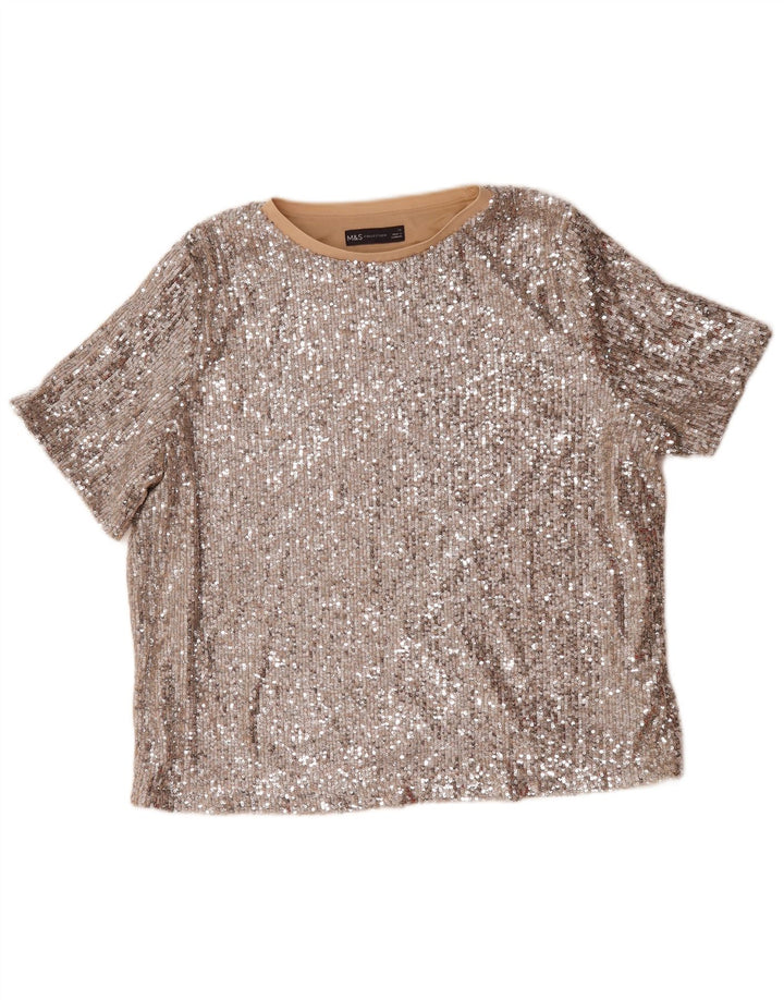 Marks & Spencer Womens Sequin Oversized Blouse Top UK 16 Large Silver