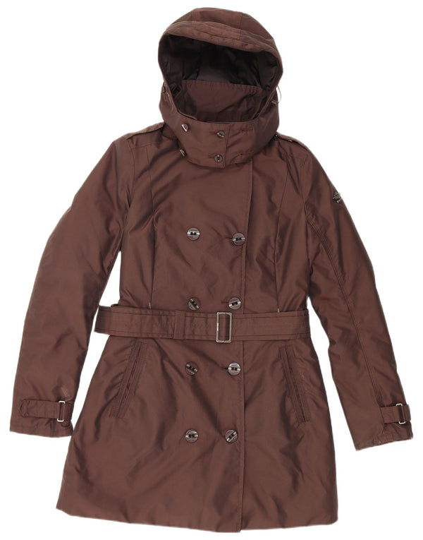 Vintage Womens Hooded Double Breasted Padded Coat UK 10 Small Brown Nylon