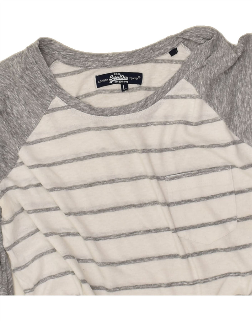 SUPERDRY Womens Top 3/4 Sleeve UK 16 Large Grey Striped Cotton | Vintage Superdry | Thrift | Second-Hand Superdry | Used Clothing | Messina Hembry 