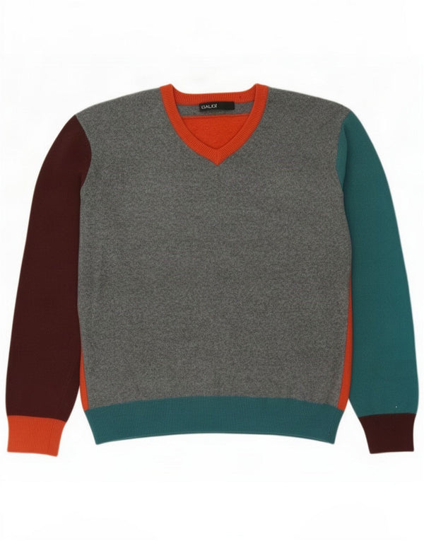 Gaudi Mens Graphic V-Neck Jumper Sweater Large Multicoloured Colourblock