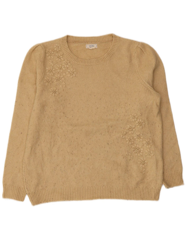 Fat Face Womens Crew Neck Jumper Sweater UK 14 Large Beige Floral Acrylic