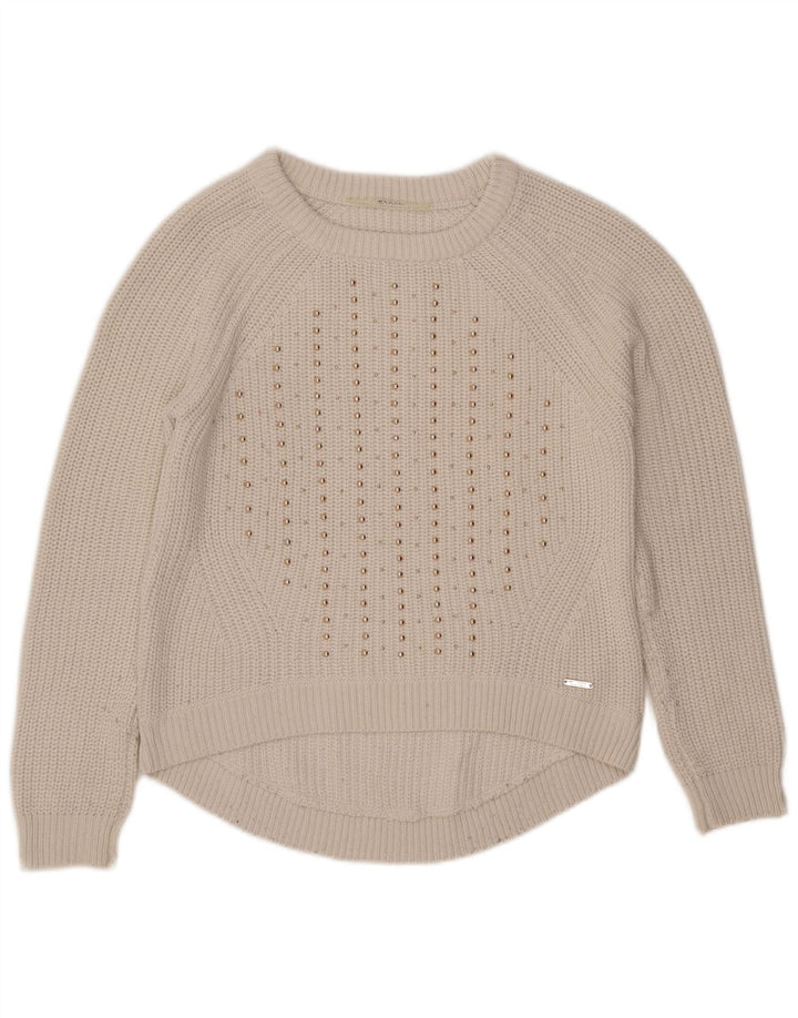 GUESS Womens Oversized Boat Neck Jumper Sweater UK 6 Small White Cotton