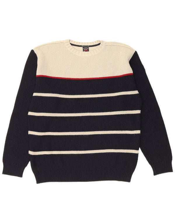 Paul & Shark Mens Crew Neck Jumper Sweater XL Navy Blue Striped Merino Wool
