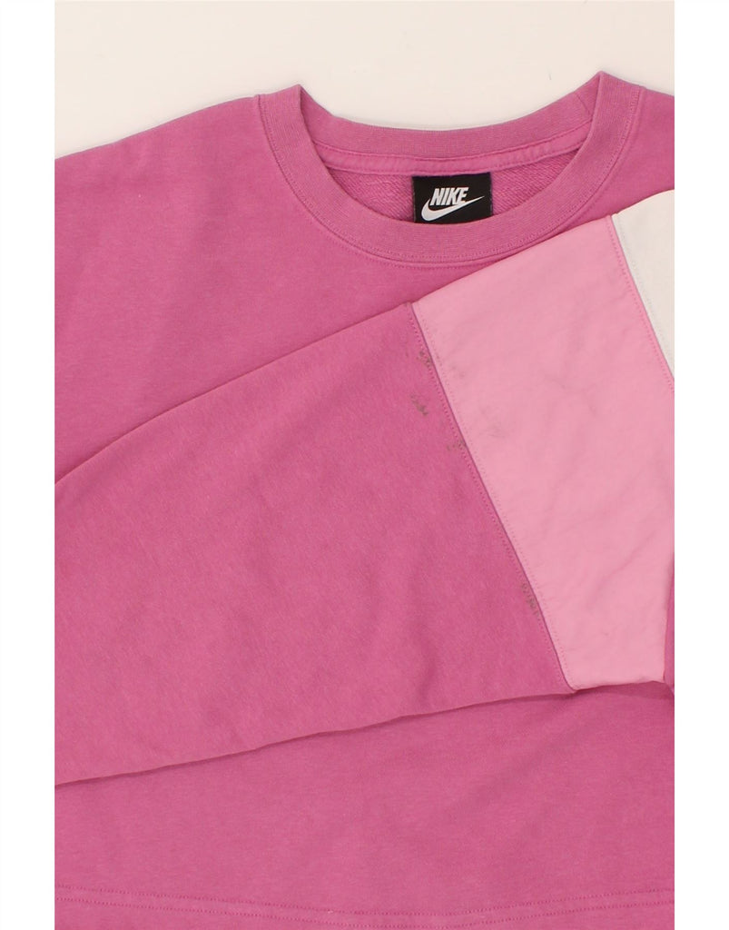 NIKE Womens Crop Graphic Sweatshirt Jumper UK 14  Medium Pink Colourblock | Vintage Nike | Thrift | Second-Hand Nike | Used Clothing | Messina Hembry 