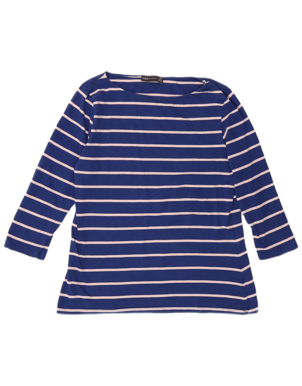 Marks & Spencer Womens Top 3/4 Sleeve UK 16 Large Blue Striped Cotton