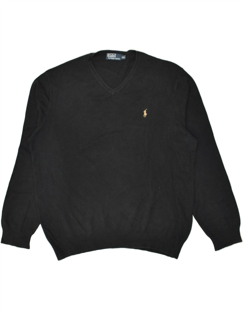 POLO RALPH LAUREN Mens V-Neck Jumper Sweater 2XL Black Cotton | Vintage Polo Ralph Lauren | Thrift | Second-Hand Polo Ralph Lauren | Used Clothing | Messina Hembry 