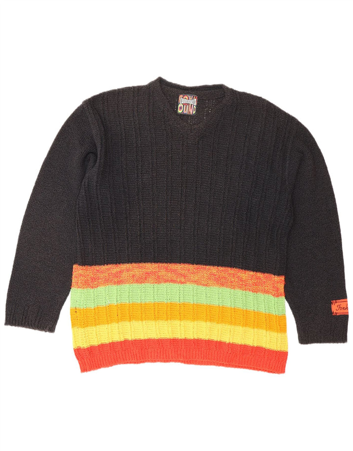 FOXHOUND Mens V-Neck Jumper Sweater Large Black Striped Cotton