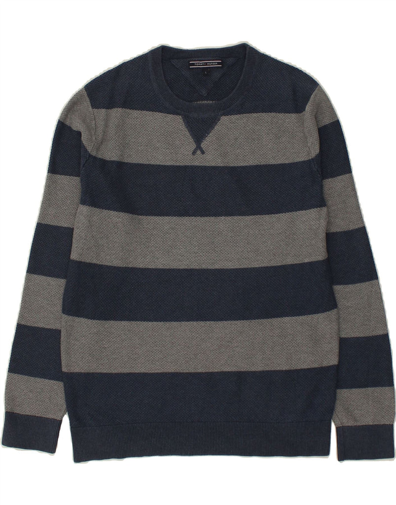 TOMMY HILFIGER Mens Crew Neck Jumper Sweater Large Navy Blue Striped Vintage Tommy Hilfiger and Second-Hand Tommy Hilfiger from Messina Hembry 