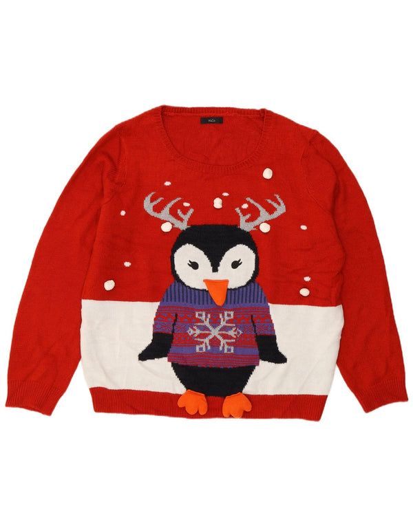M&Co Womens Crew Neck Jumper Sweater UK 16 Large Red Colourblock Christmas