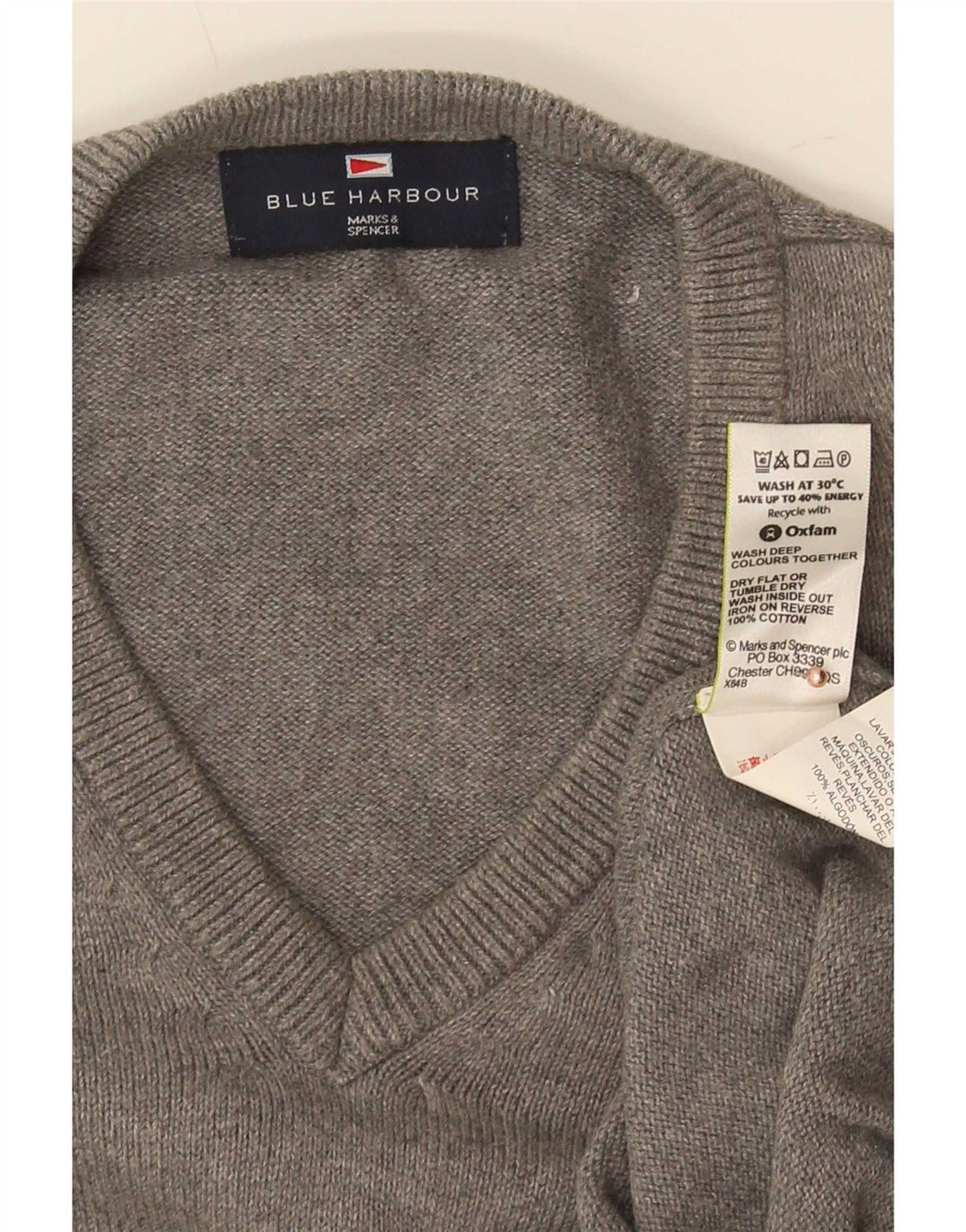 Marks & Spencer Mens Blue Harbour V-Neck Jumper Sweater Medium Grey Cotton