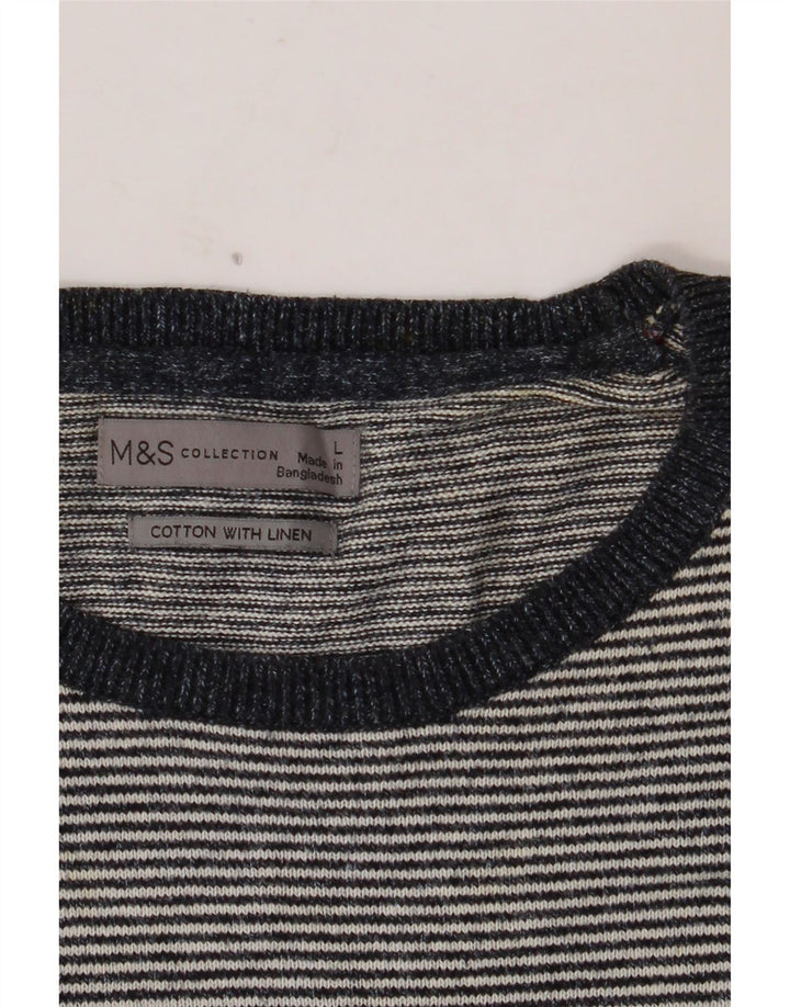 MARKS & SPENCER Mens Crew Neck Jumper Sweater Large Navy Blue Pinstripe