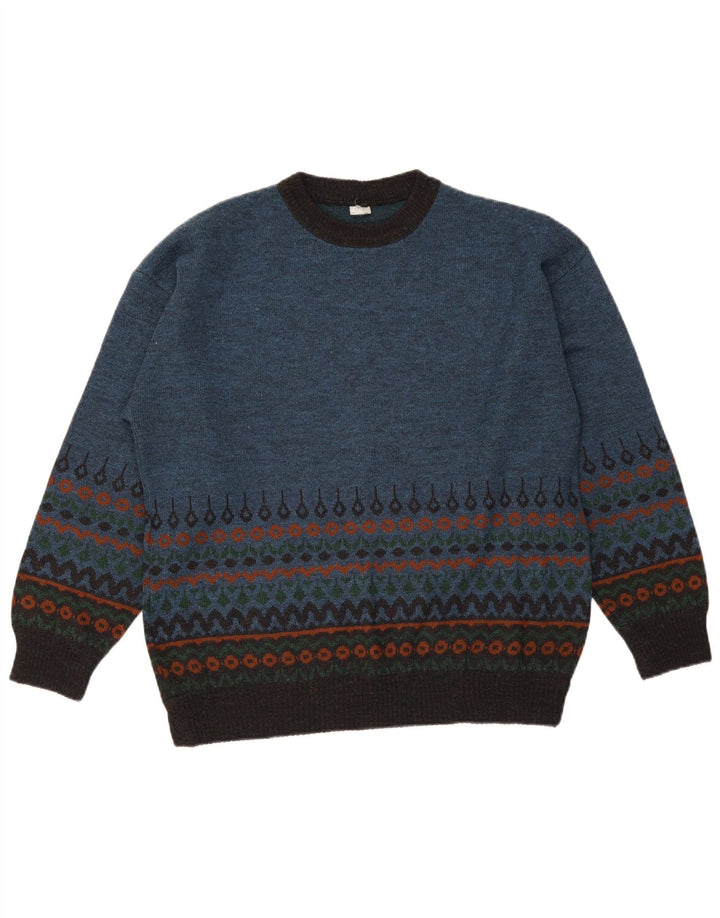 Vintage Mens Crew Neck Jumper Sweater Medium Blue Fair Isle