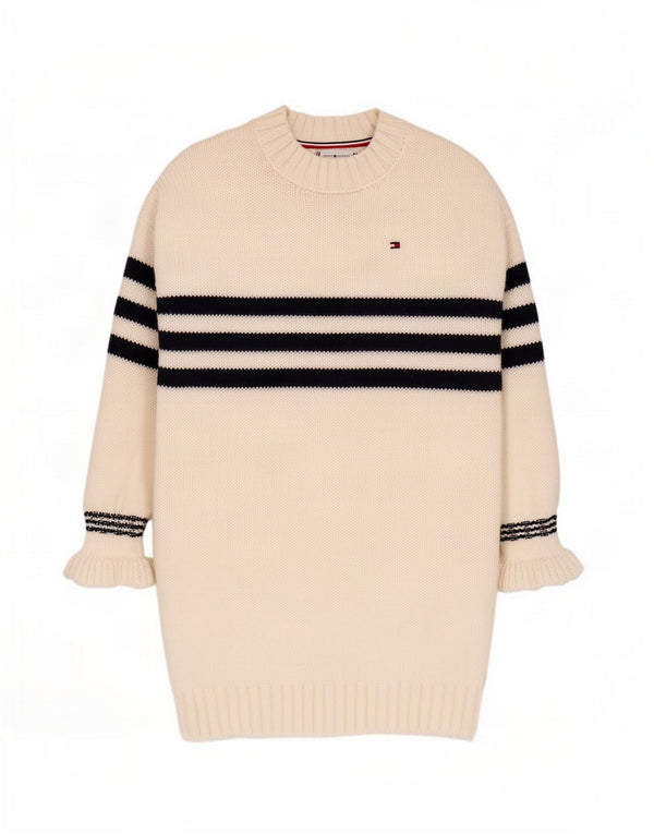 Tommy Hilfiger Girls Long Sleeve Jumper Dress 7-8 Years White Striped