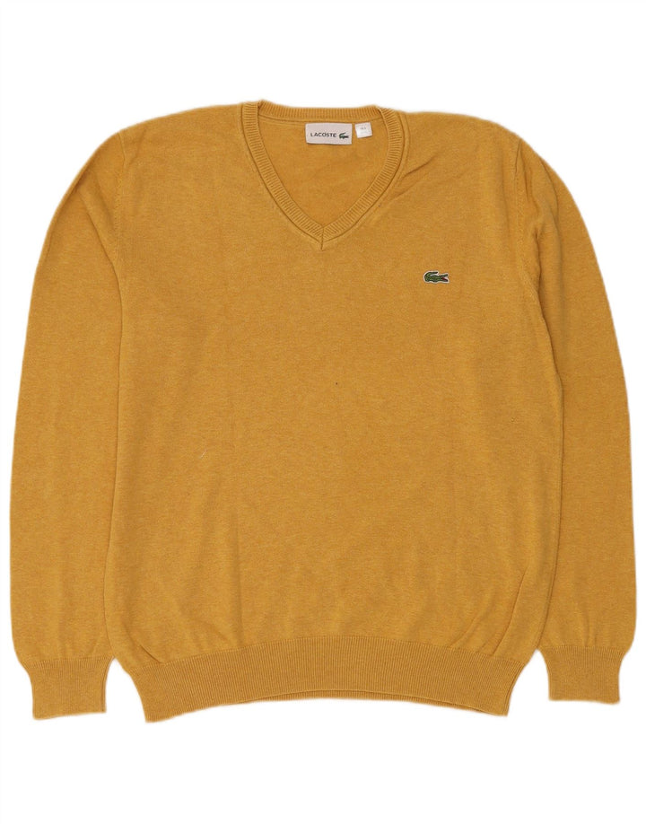 LACOSTE Mens V-Neck Jumper Sweater Size 5 Large Yellow Cotton