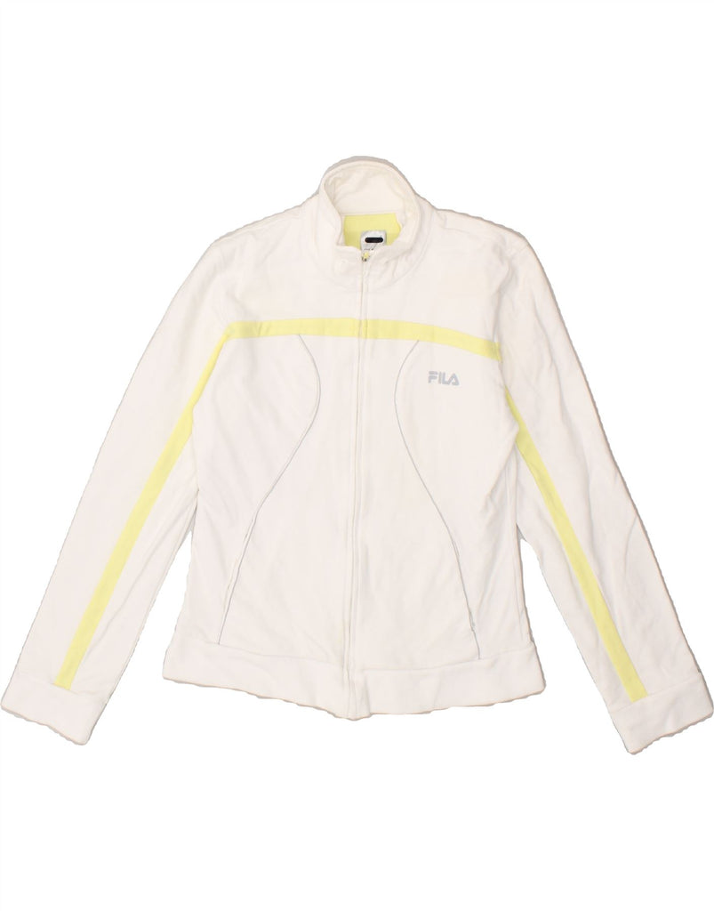 FILA Womens Graphic Tracksuit Top Jacket UK 12 Medium White Striped Cotton | Vintage Fila | Thrift | Second-Hand Fila | Used Clothing | Messina Hembry 