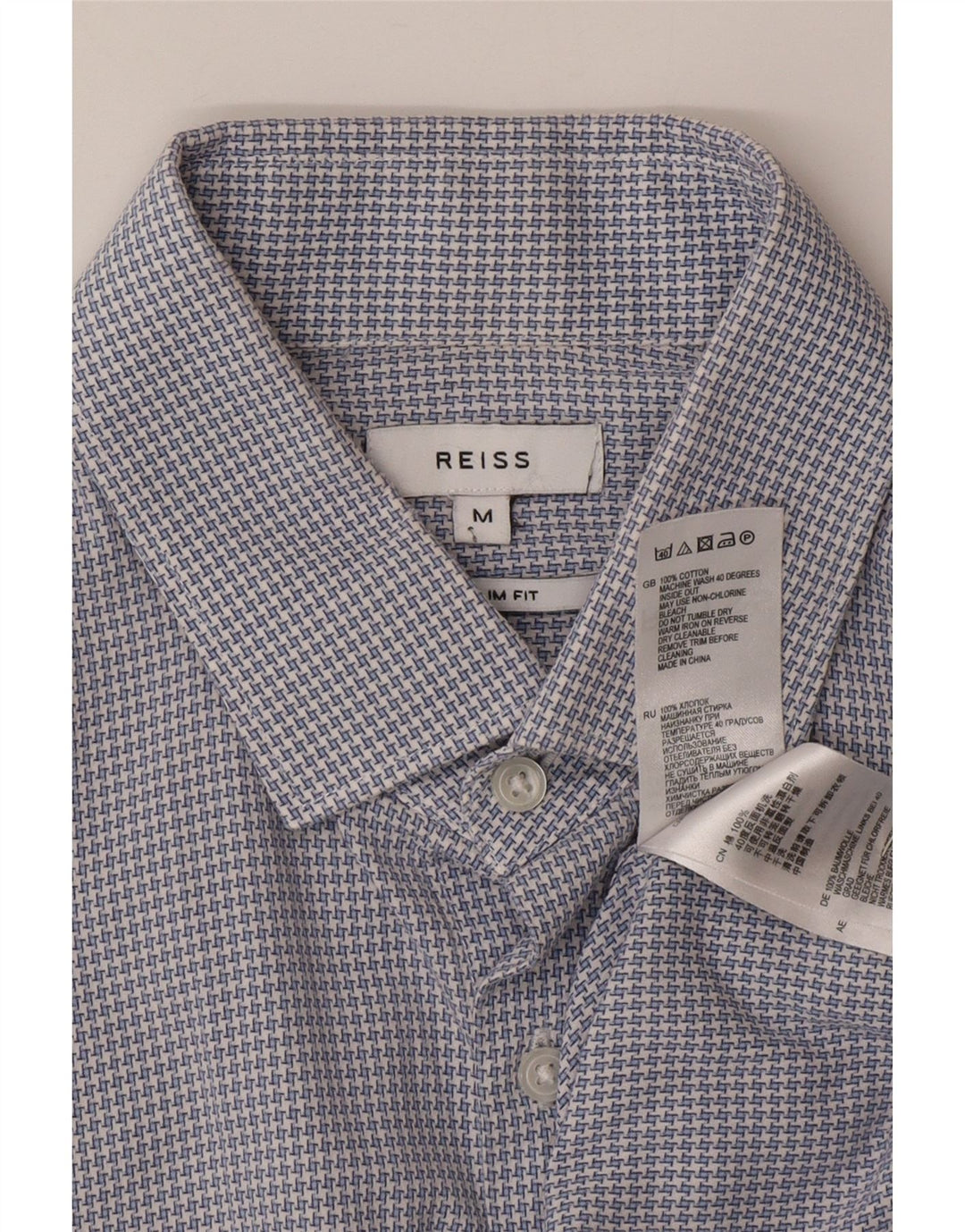 Reiss Mens Slim Fit Shirt Medium Blue Houndstooth Cotton