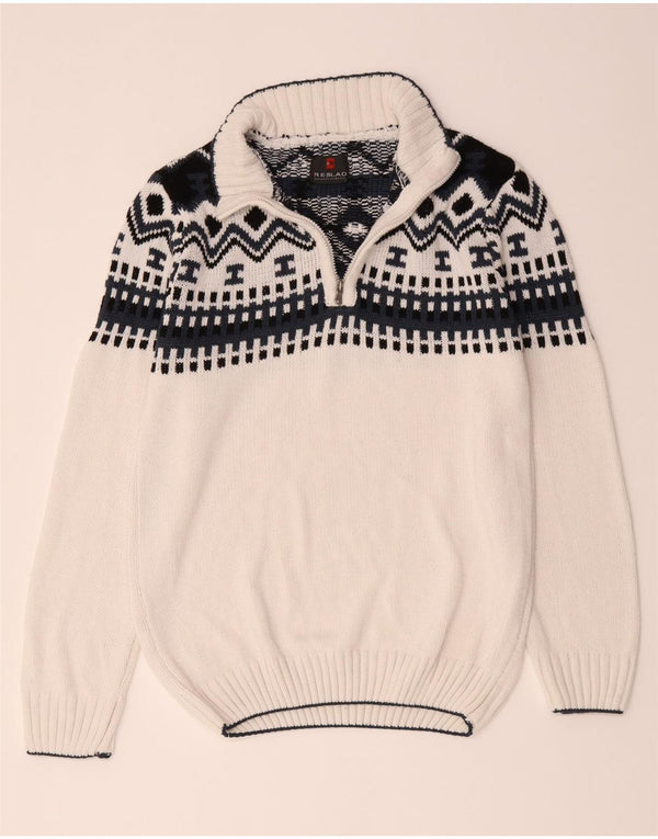 Vintage Mens Zip Neck Jumper Sweater Large White Geometric Polyacrylic