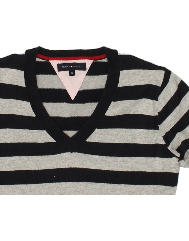 TOMMY HILFIGER Boys V-Neck Jumper Sweater 11-12 Years Grey Striped Cotton | Vintage Tommy Hilfiger | Thrift | Second-Hand Tommy Hilfiger | Used Clothing | Messina Hembry 