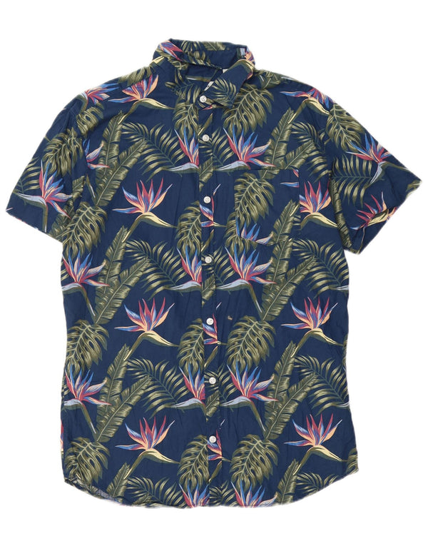 Jack & Jones Mens Short Sleeve Shirt Large Blue Floral Cotton Hawaiian