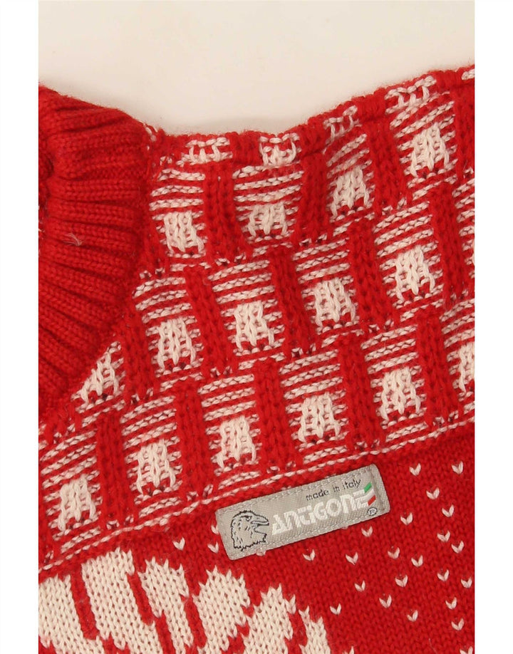 Vintage Mens Crew Neck Jumper Sweater Medium Red Fair Isle Novelty
