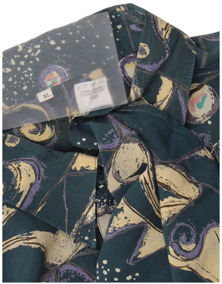 Vintage Mens Abstract Pattern Short Sleeve Shirt XL Blue Viscose Retro