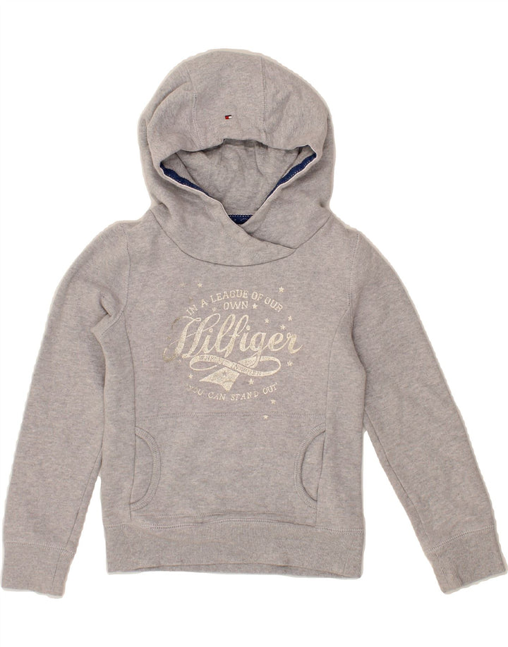 TOMMY HILFIGER Girls Graphic Hoodie Jumper 9-10 Years Grey Vintage Tommy Hilfiger and Second-Hand Tommy Hilfiger from Messina Hembry 