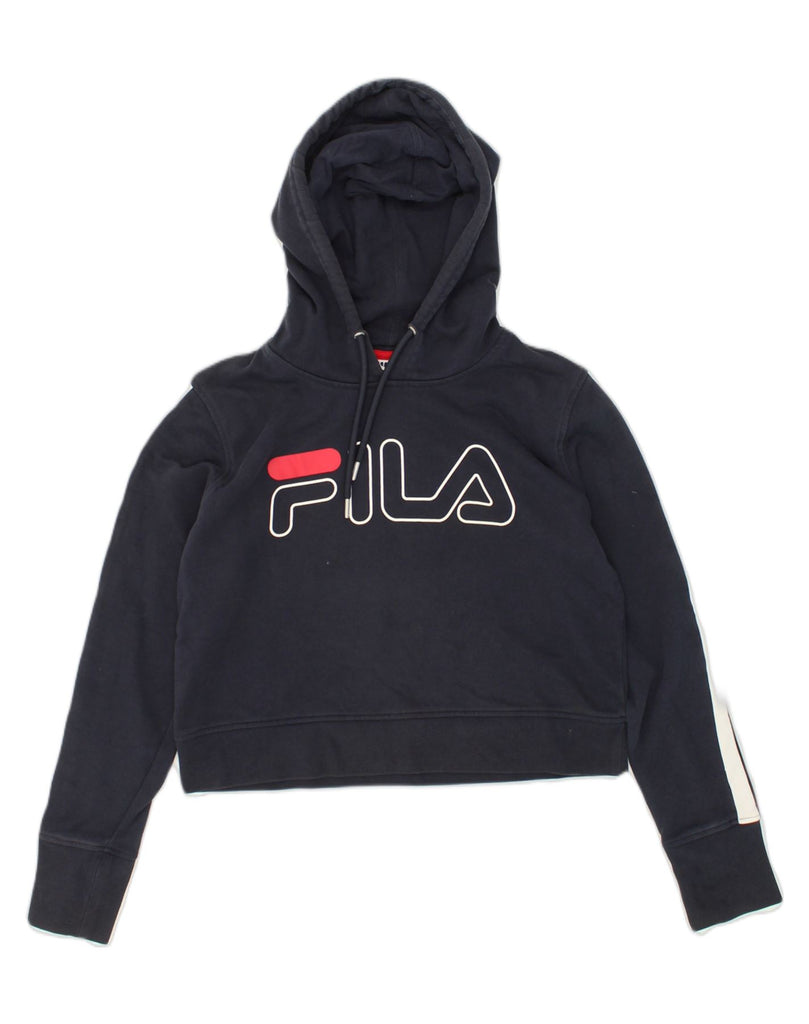 FILA Womens Crop Graphic Hoodie Jumper UK 10 Small Black Cotton | Vintage Fila | Thrift | Second-Hand Fila | Used Clothing | Messina Hembry 