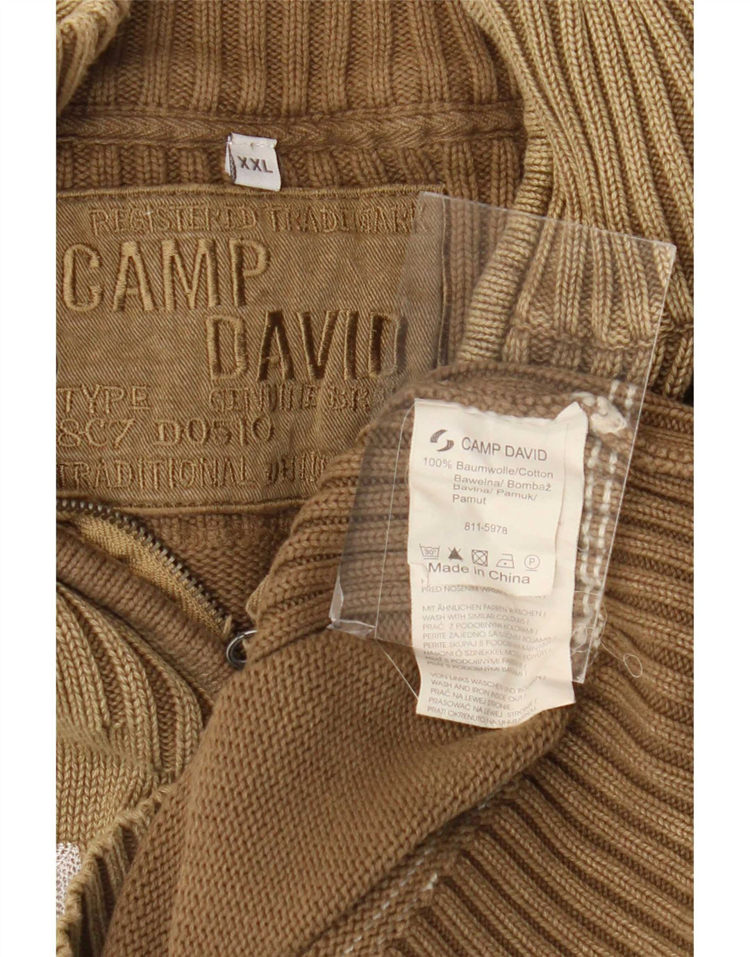Camp David Mens Graphic Zip Neck Jumper Sweater 2XL Brown Cotton