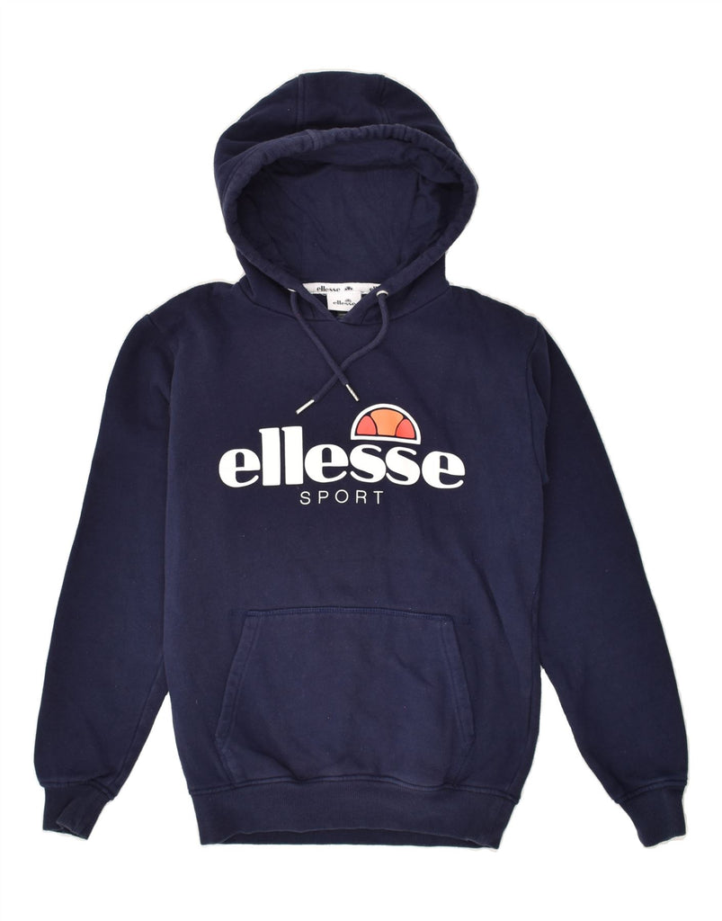 ELLESSE Womens Graphic Hoodie Jumper UK 8 Small Navy Blue Cotton | Vintage Ellesse | Thrift | Second-Hand Ellesse | Used Clothing | Messina Hembry 