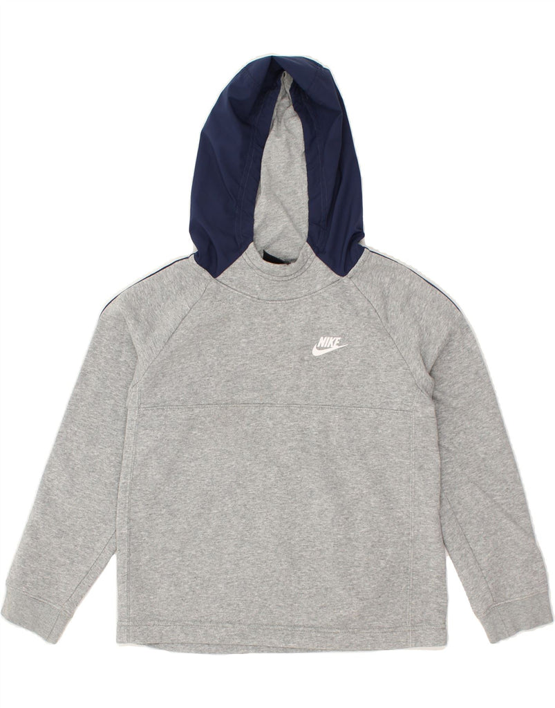 NIKE Boys Graphic Hoodie Jumper 10-11 Years Medium Grey Colourblock Cotton | Vintage Nike | Thrift | Second-Hand Nike | Used Clothing | Messina Hembry 