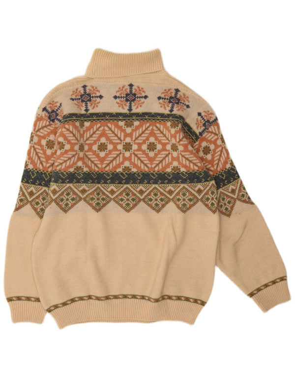 Vintage Womens Roll Neck Jumper Sweater UK 14 Large Beige Fair Isle Wool