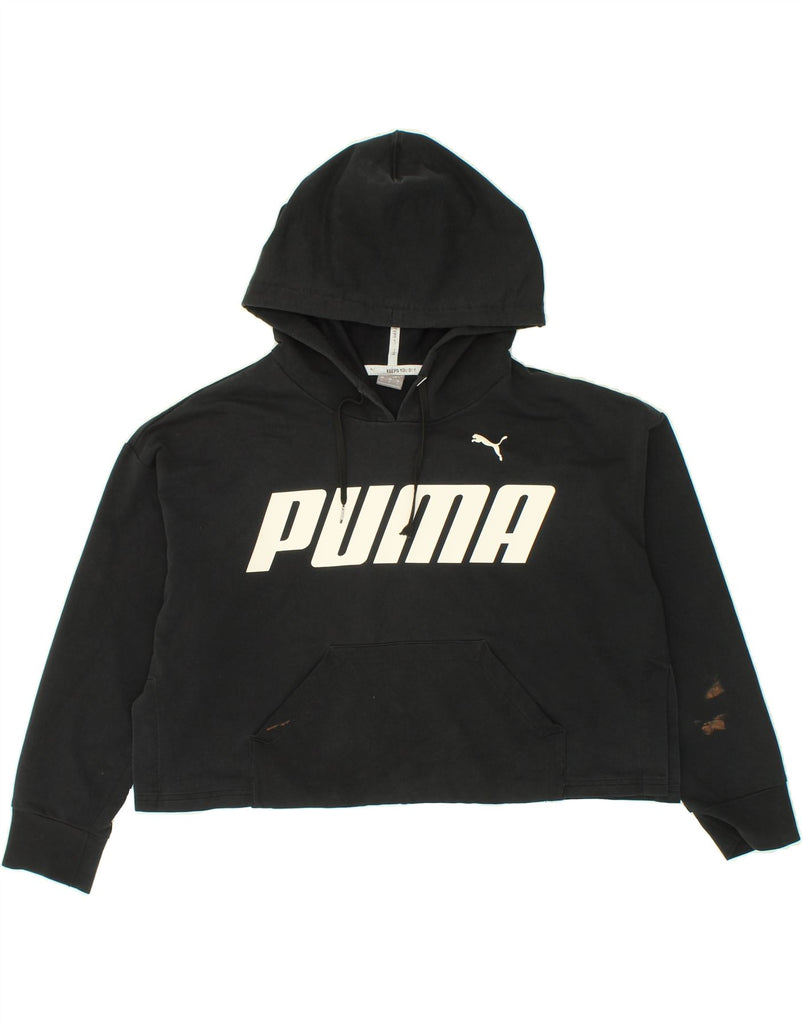 PUMA Womens Crop Graphic Hoodie Jumper UK 16 Large Black Cotton Vintage Puma and Second-Hand Puma from Messina Hembry 