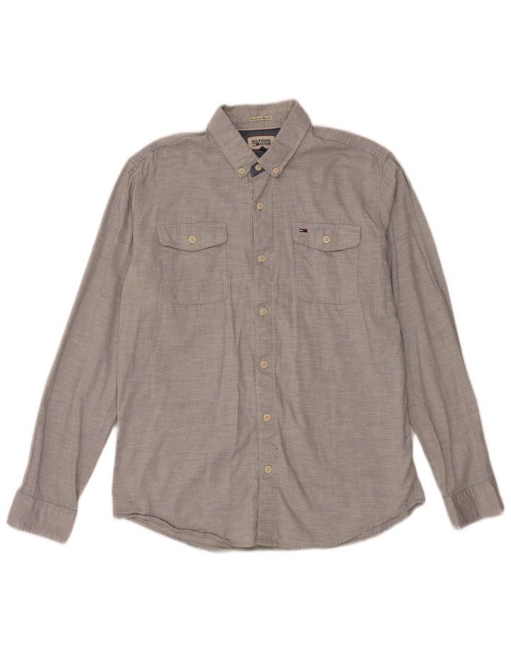 Tommy Hilfiger Mens Shirt Large Grey Herringbone Cotton