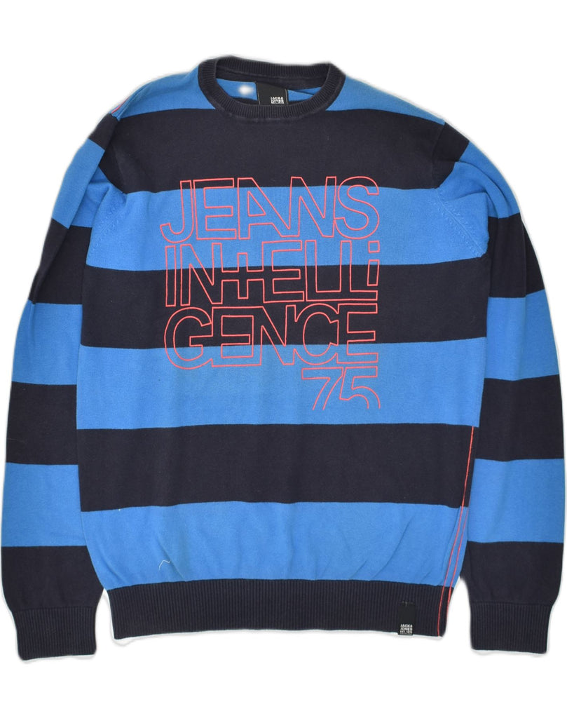 JACK & JONES Mens Graphic Crew Neck Jumper Sweater Medium Blue Striped | Vintage Jack & Jones | Thrift | Second-Hand Jack & Jones | Used Clothing | Messina Hembry 