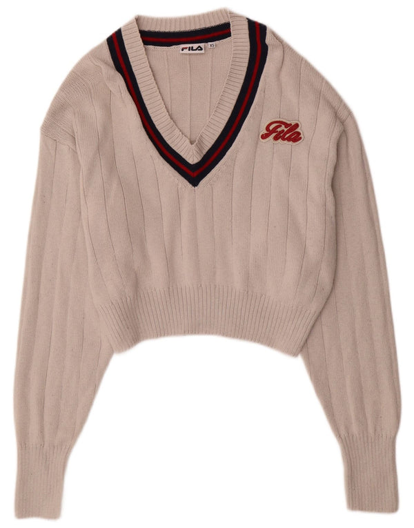 FILA Womens Oversized Crop V-Neck Jumper Sweater UK 6 XS Beige Cotton