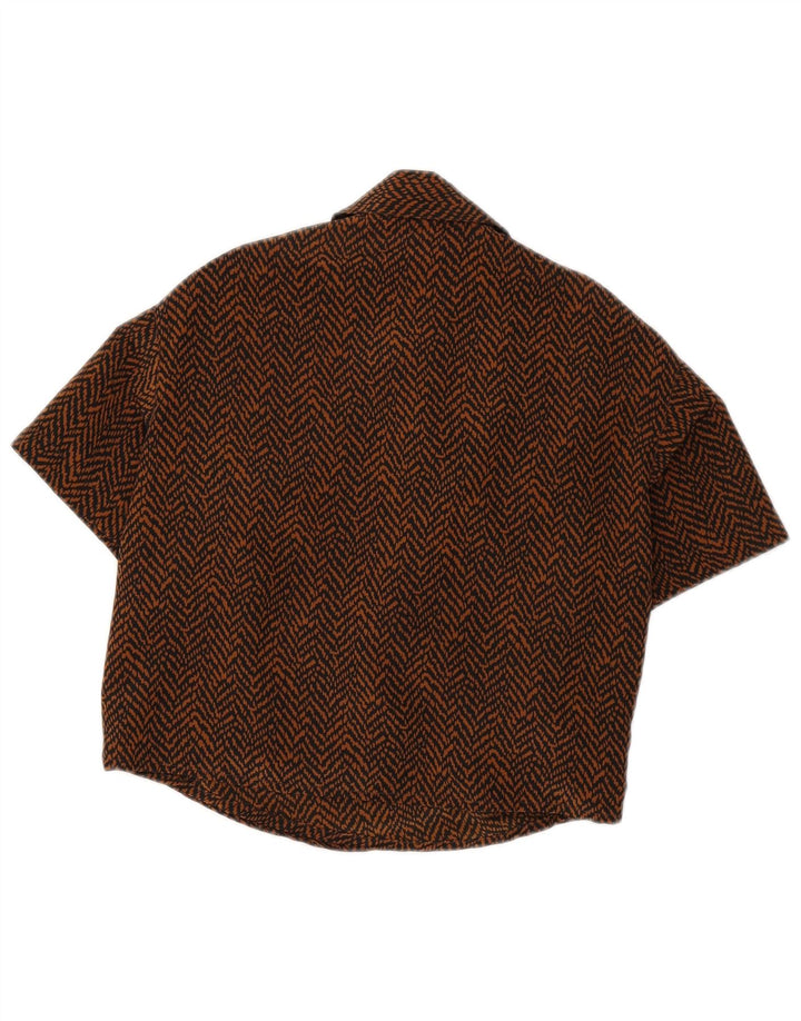 Vintage Womens Crop Short Sleeve Shirt Blouse UK 8 Small Brown Herringbone