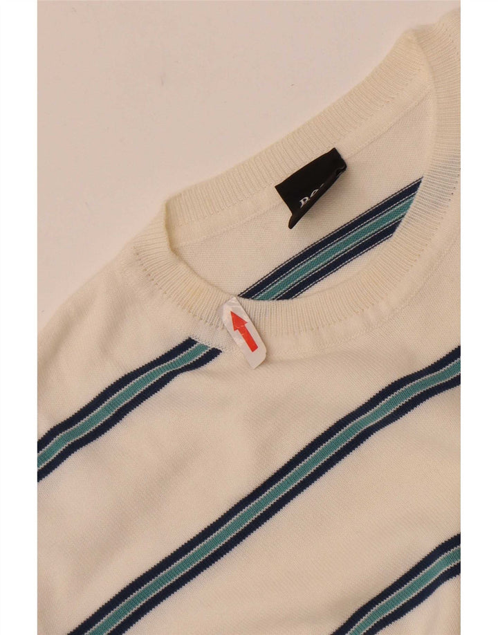 Hugo Boss Mens Crew Neck Jumper Sweater Medium White Striped Cotton