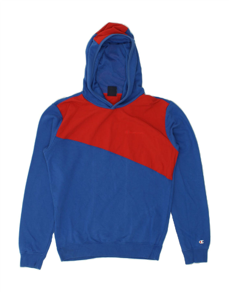 CHAMPION Mens Graphic Hoodie Jumper Medium Blue Colourblock Cotton | Vintage Champion | Thrift | Second-Hand Champion | Used Clothing | Messina Hembry 