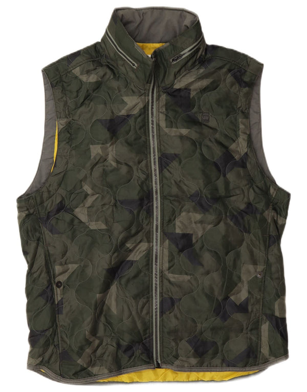 G-Star Mens Hooded Quilted Gilet UK 44 2XL Green Camouflage Polyester