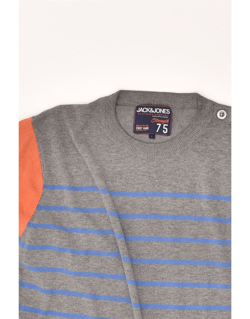 JACK & JONES Mens Crew Neck Jumper Sweater Large Grey Striped | Vintage Jack & Jones | Thrift | Second-Hand Jack & Jones | Used Clothing | Messina Hembry 