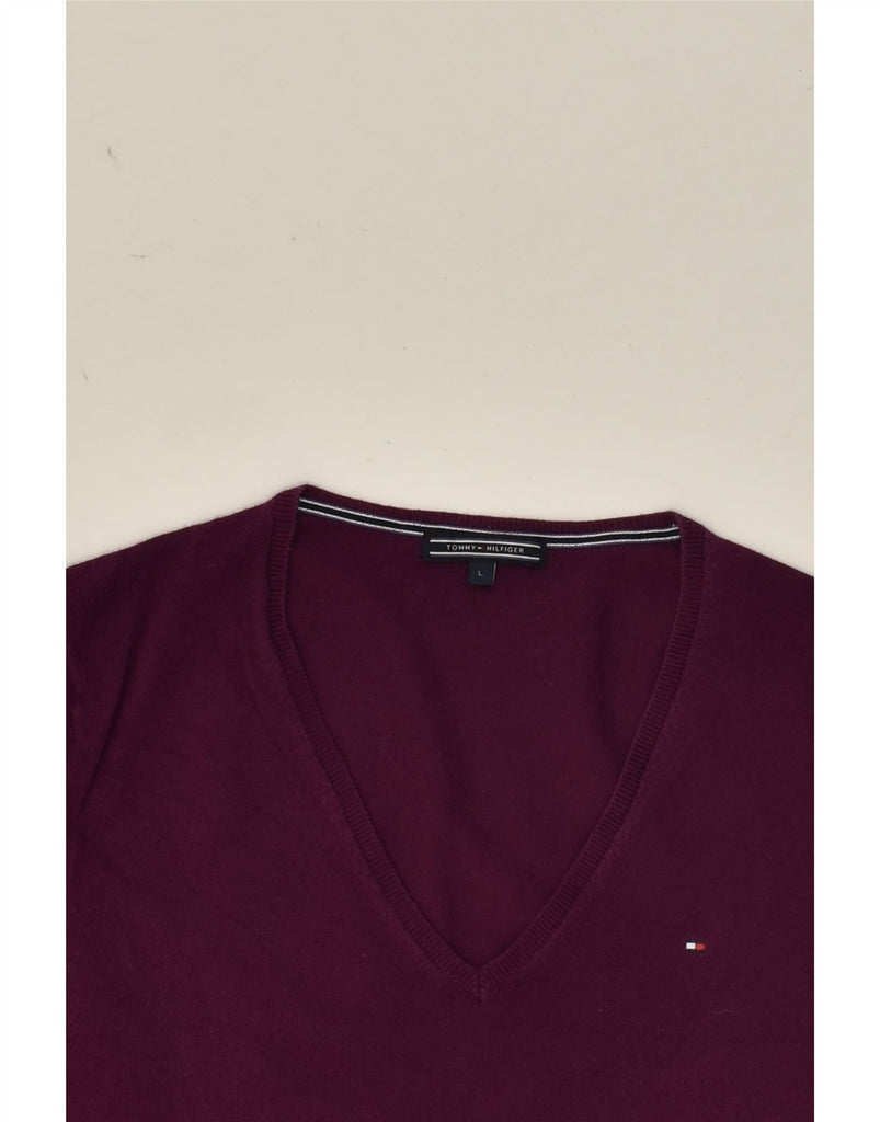 TOMMY HILFIGER Womens V-Neck Jumper Sweater UK 14 Large Maroon Cotton | Vintage Tommy Hilfiger | Thrift | Second-Hand Tommy Hilfiger | Used Clothing | Messina Hembry 