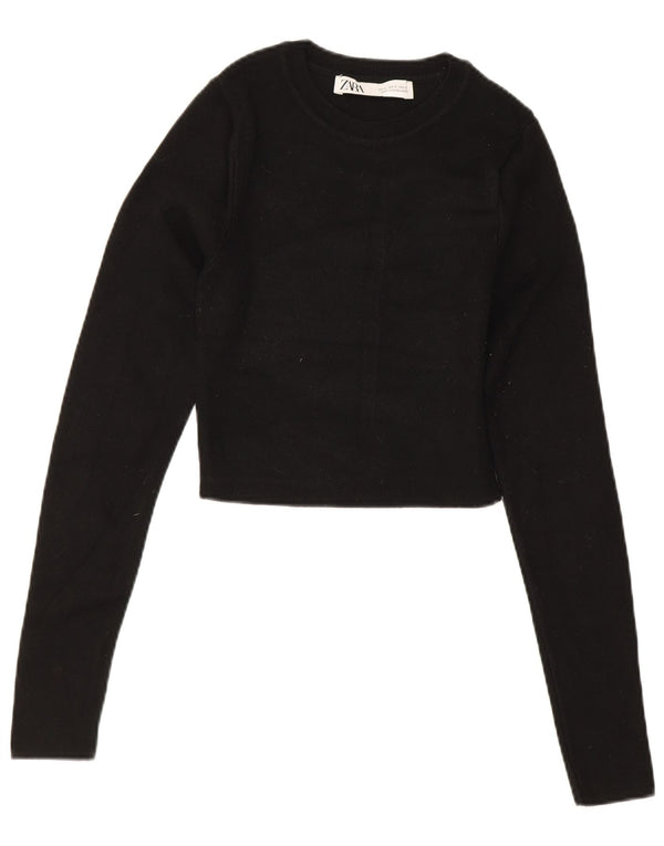 Zara Womens Crop Top Long Sleeve UK 8 Small Black Viscose