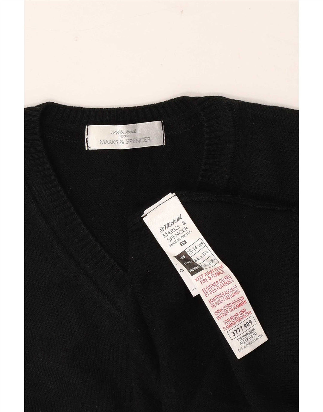 Marks & Spencer Boys V-Neck Jumper Sweater 13-14 Years Black Acrylic