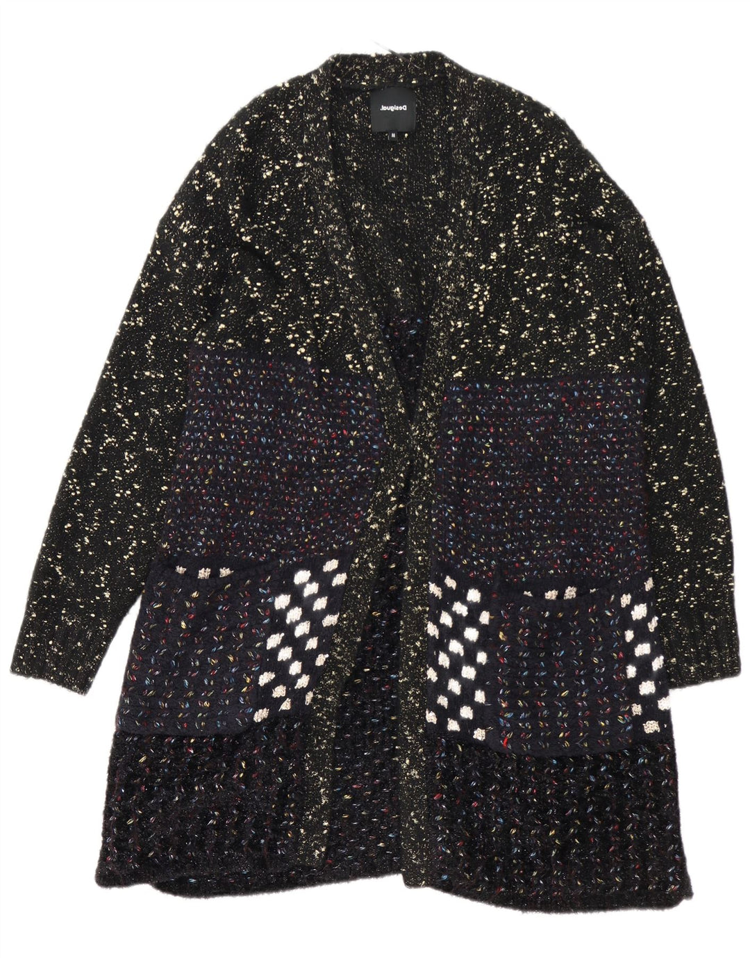 Desigual Womens Longline Cardigan Sweater UK 14 Medium Black Flecked